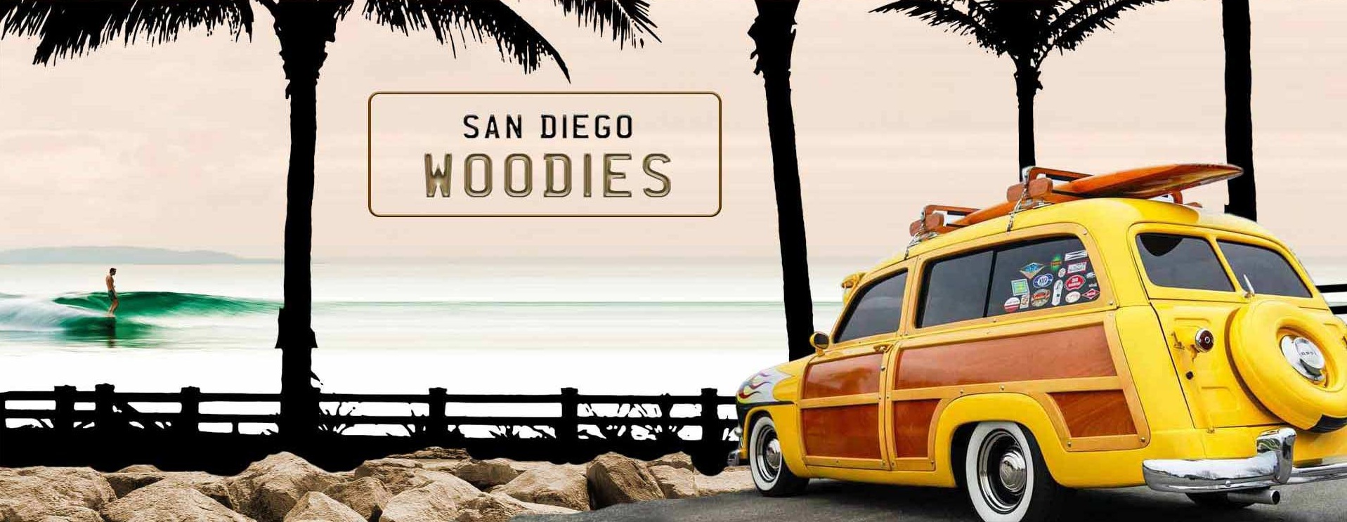 Woodies banner image with woody car and surfer